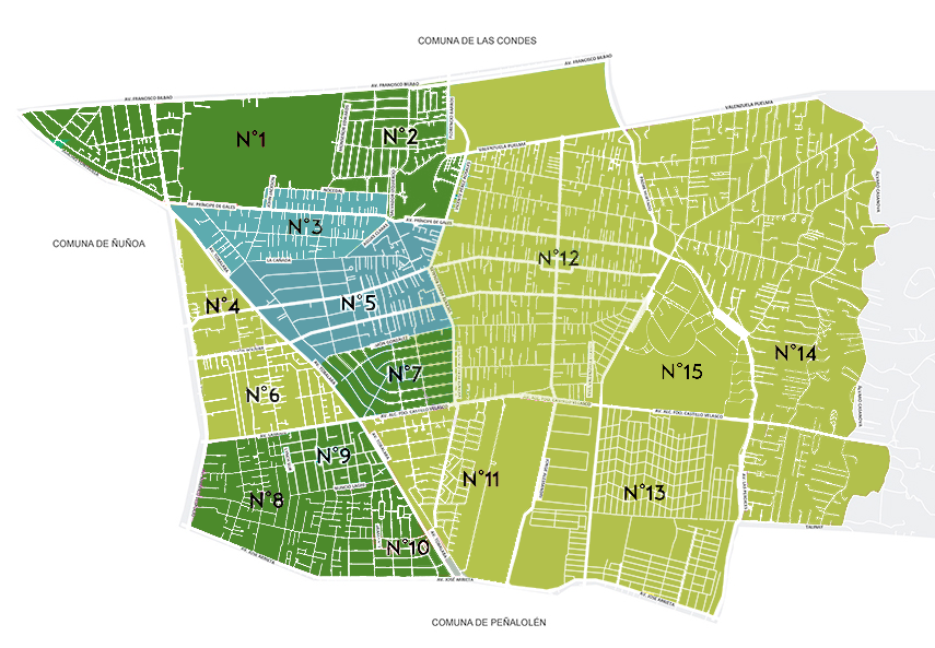 Unidades Vecinales intervenidas por Programa y por el Municipio: 1, 2, 7, 8, 9 y 10 Unidades Vecinales intervenidas totalmente por el Programa y parcialmente por el Municipio: 3 y 5 Unidades Vecinales intervenidas totalmente por el programa: 4, 6, 11, 12, 13, 14 y 15